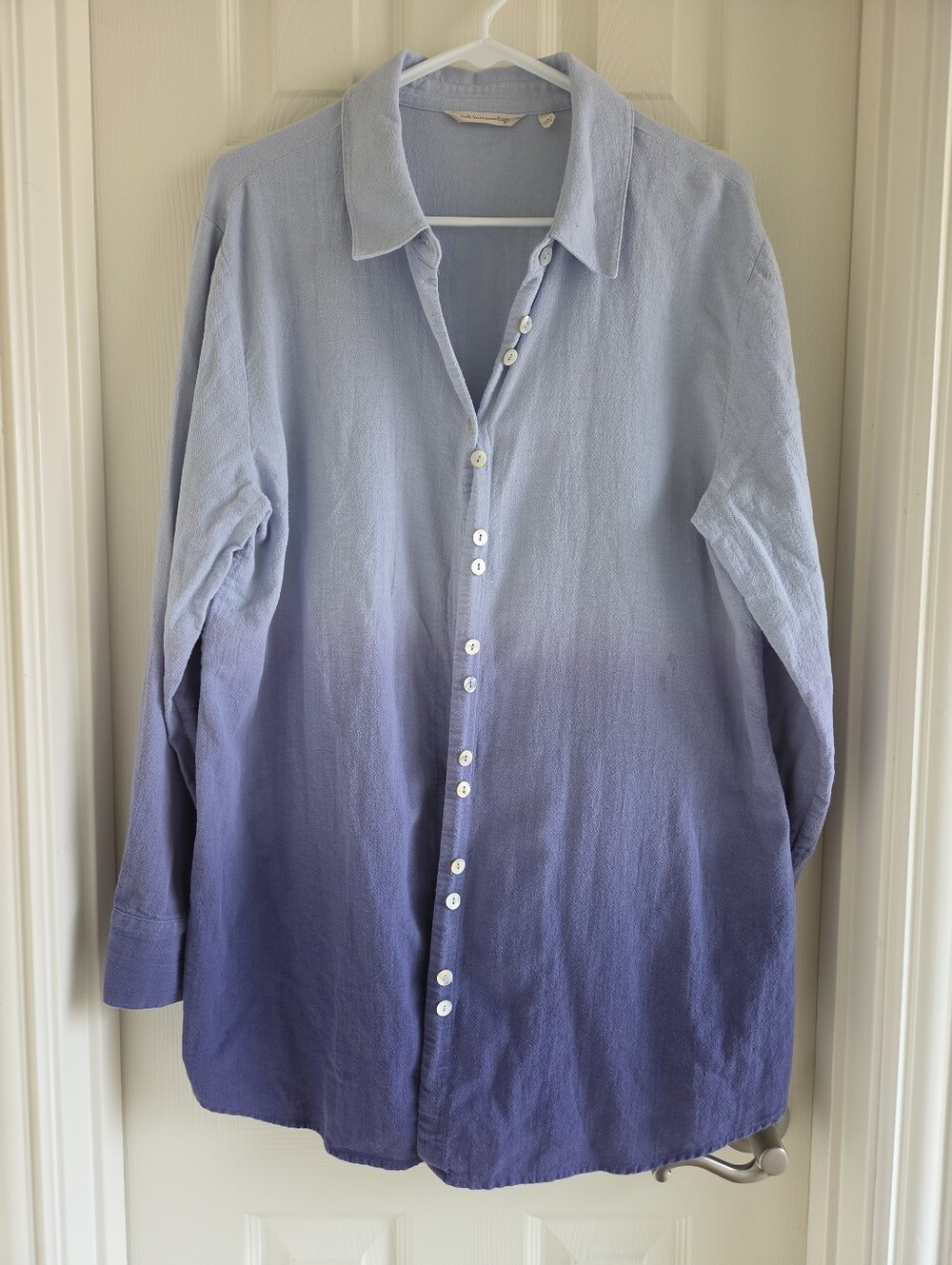 Soft Surroundings Ombre Cotton Button Down Tunic Shirt Blue Dip Dye Large